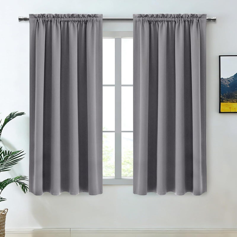 DWCN Blackout Curtains Thermal Insulated Energy Saving Bedroom and Kitchen Curtains Window Treatments, W 38 x L 45 Inch, Set of 2 Grey Rod Pocket Drapes - Image 1